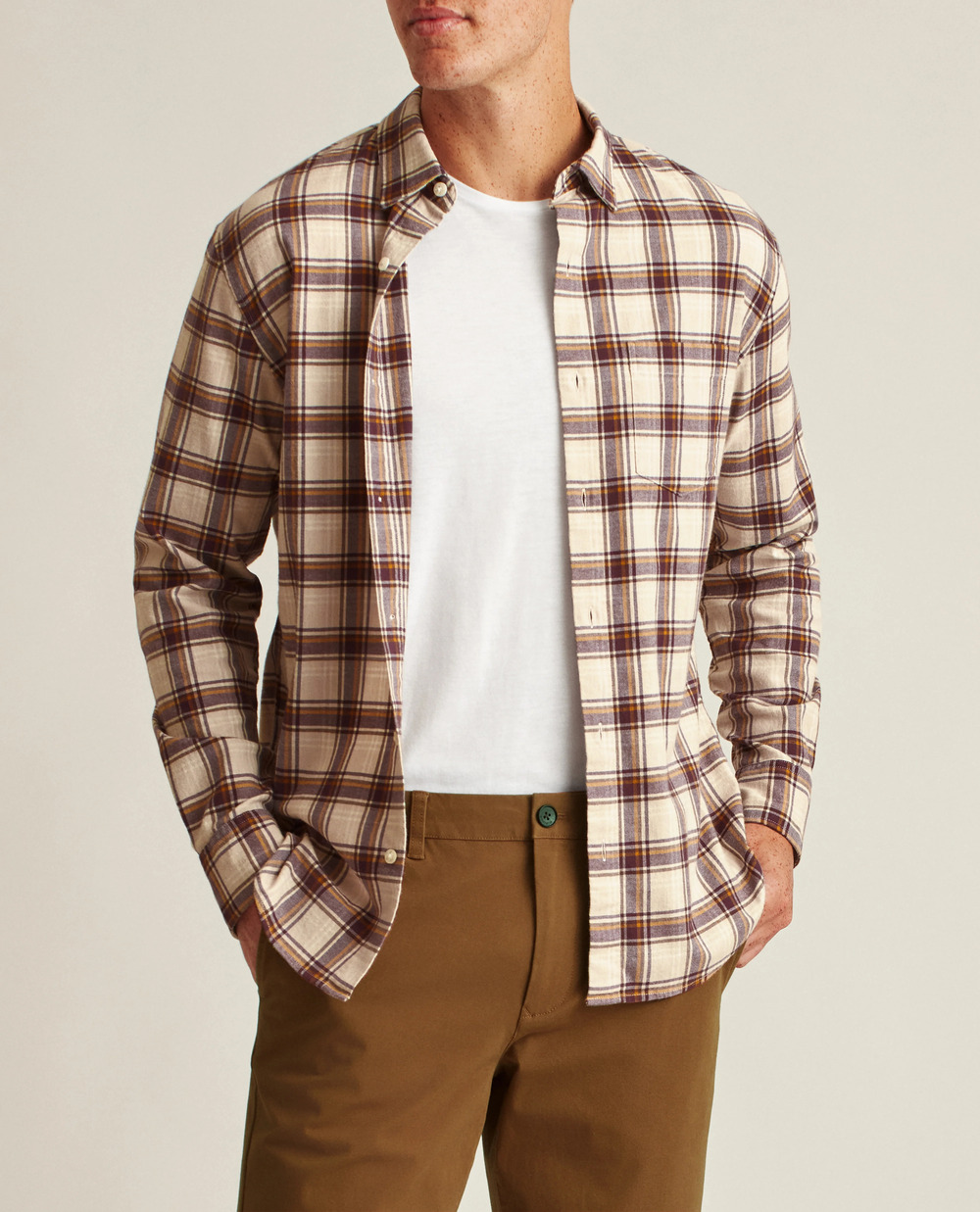 Bonobos Tan and Burgundy Stretch Slim Plaid Flannel Shirt/12211